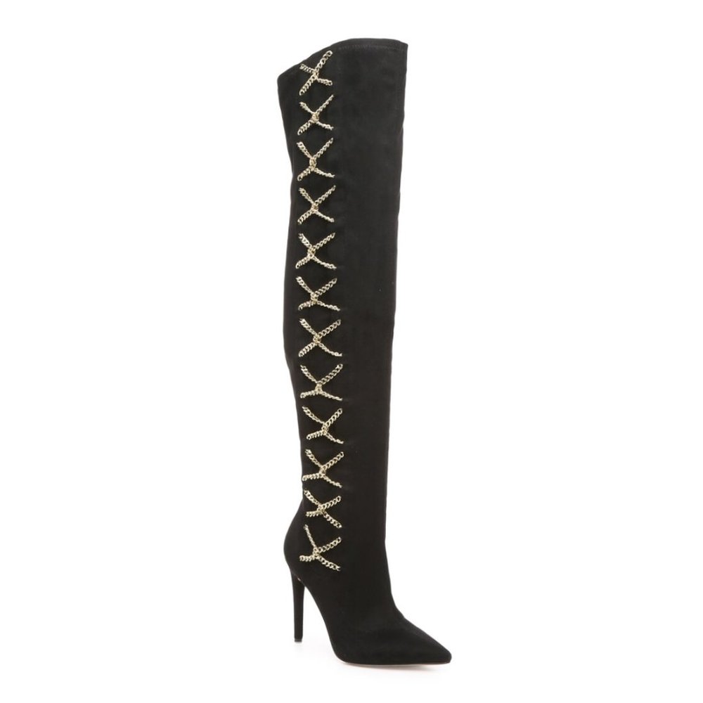 J.Lo Jennifer Lopez Ayana otk over the knee boot black gold chain